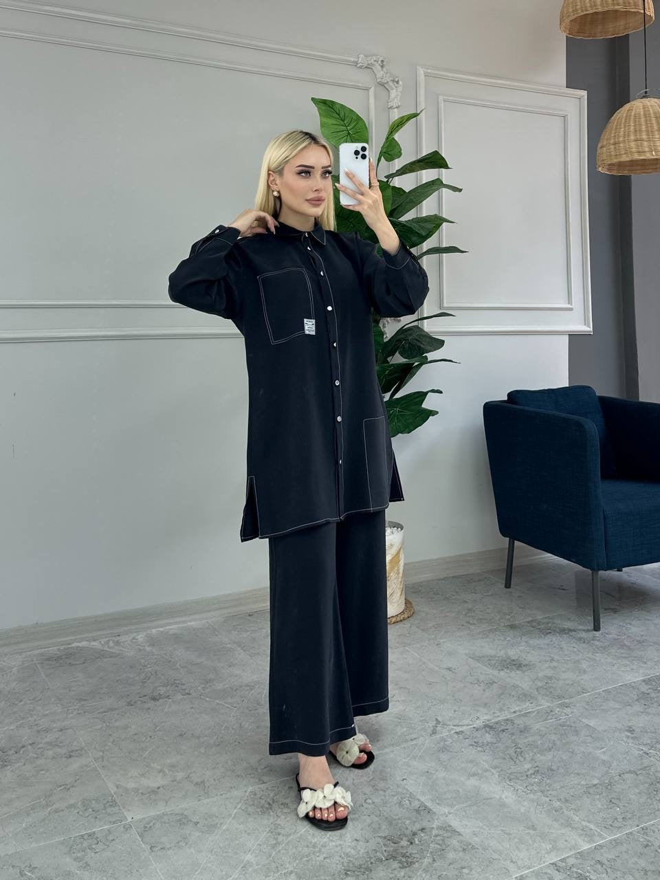 Casual Set with Button-Down Shirt & Wide-Leg Pants