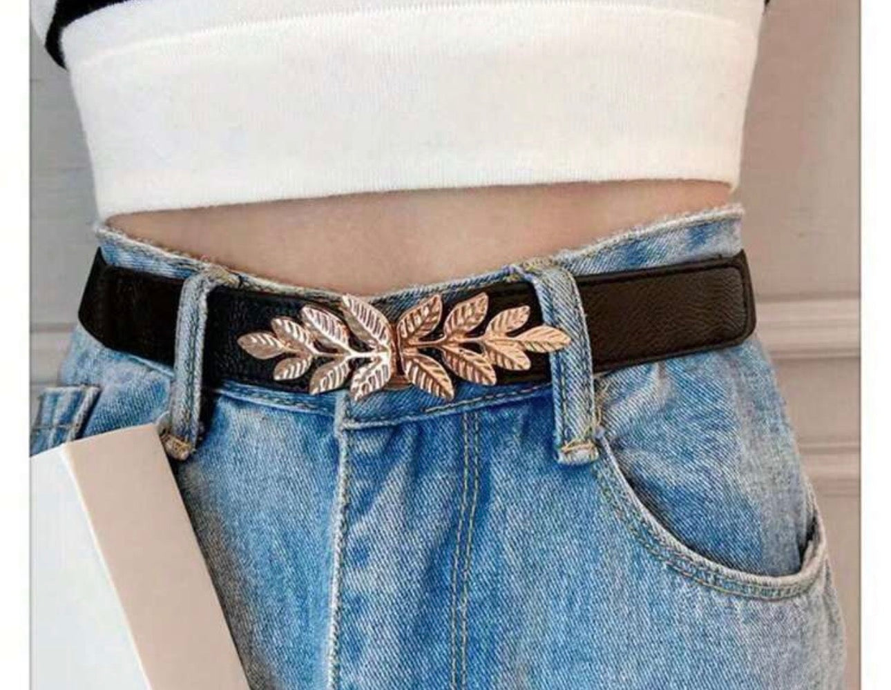 Classic Black & White Leather Belt with Gold Buckle – Adjustable and Stylish for Everyday Wear (2pc)