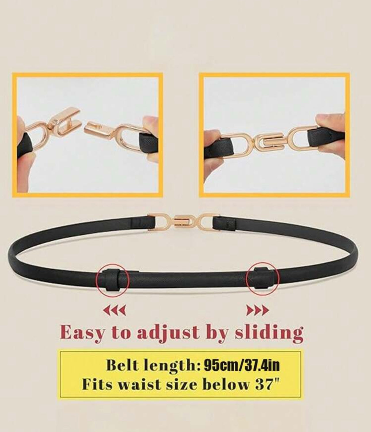 حزام جلدي أسود أنيق مع قفل معدني ذهبي Elegant Black Leather Belt with Gold Metal Buckle