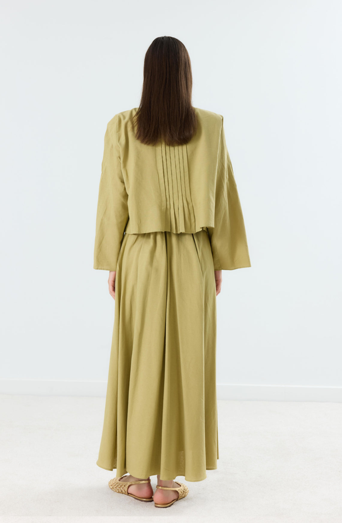 Olive Tie-Front Set with Wide Sleeves (Light Linen)