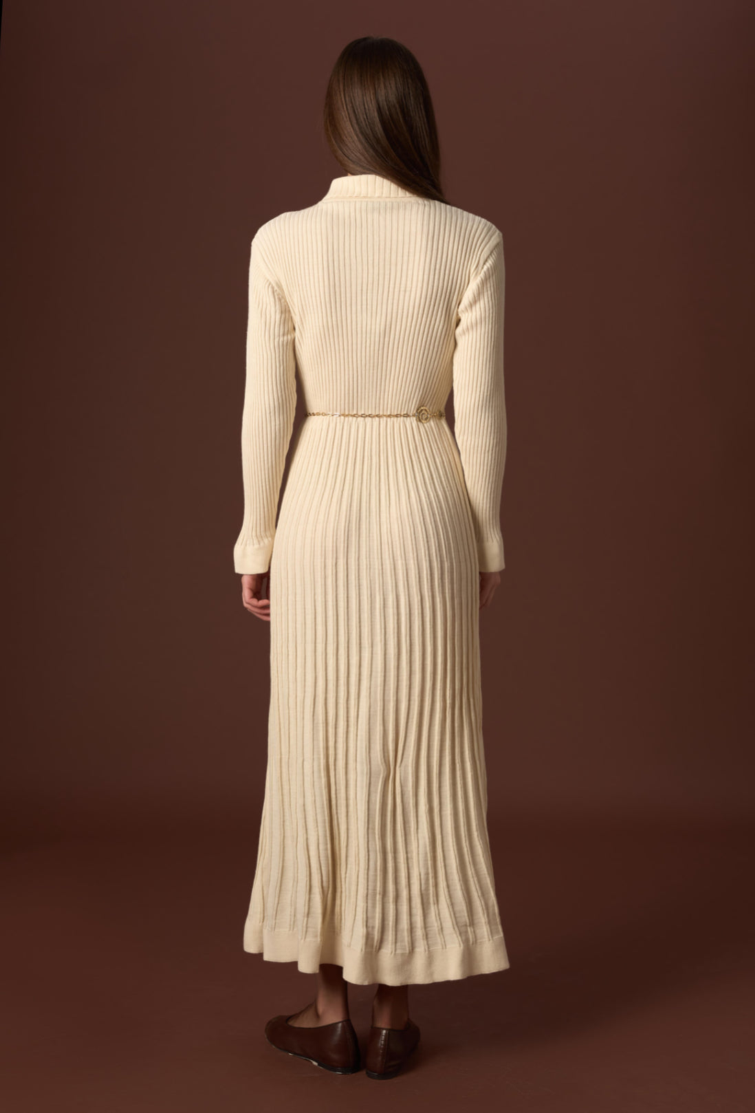 Knitted Button-Down Dress with Elegant Belt