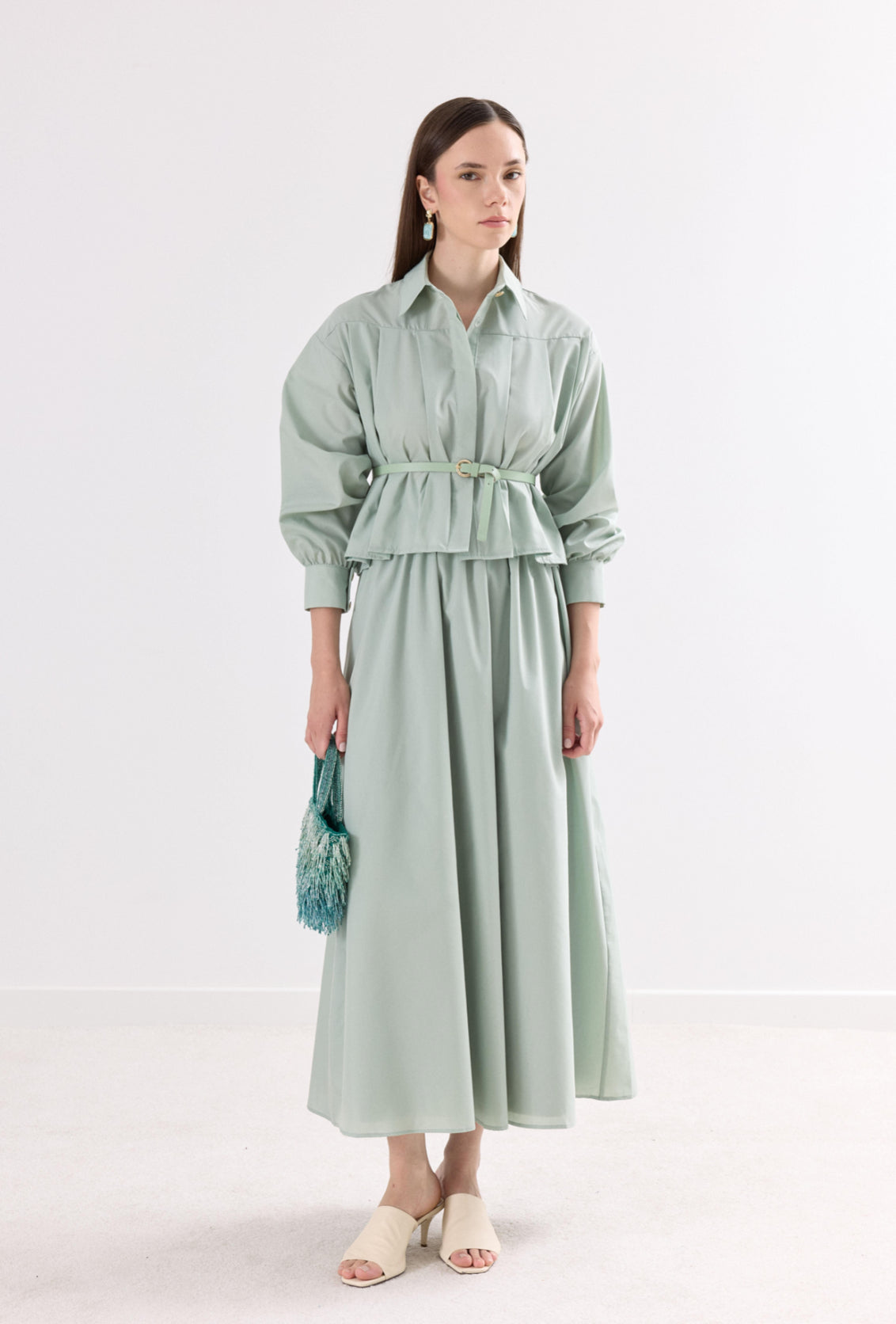 Midi Skirt & Classic Collar Shirt Set + Belt