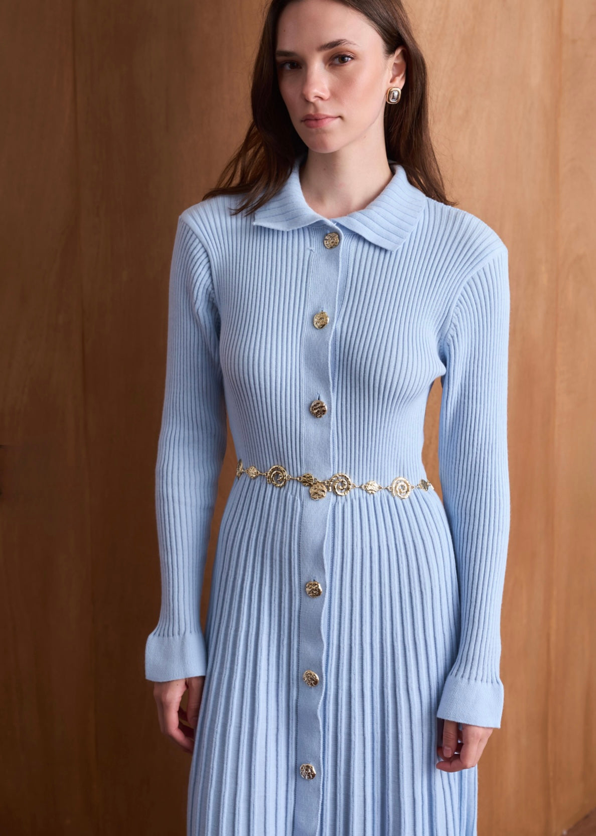 Knitted Button-Down Dress with Elegant Belt