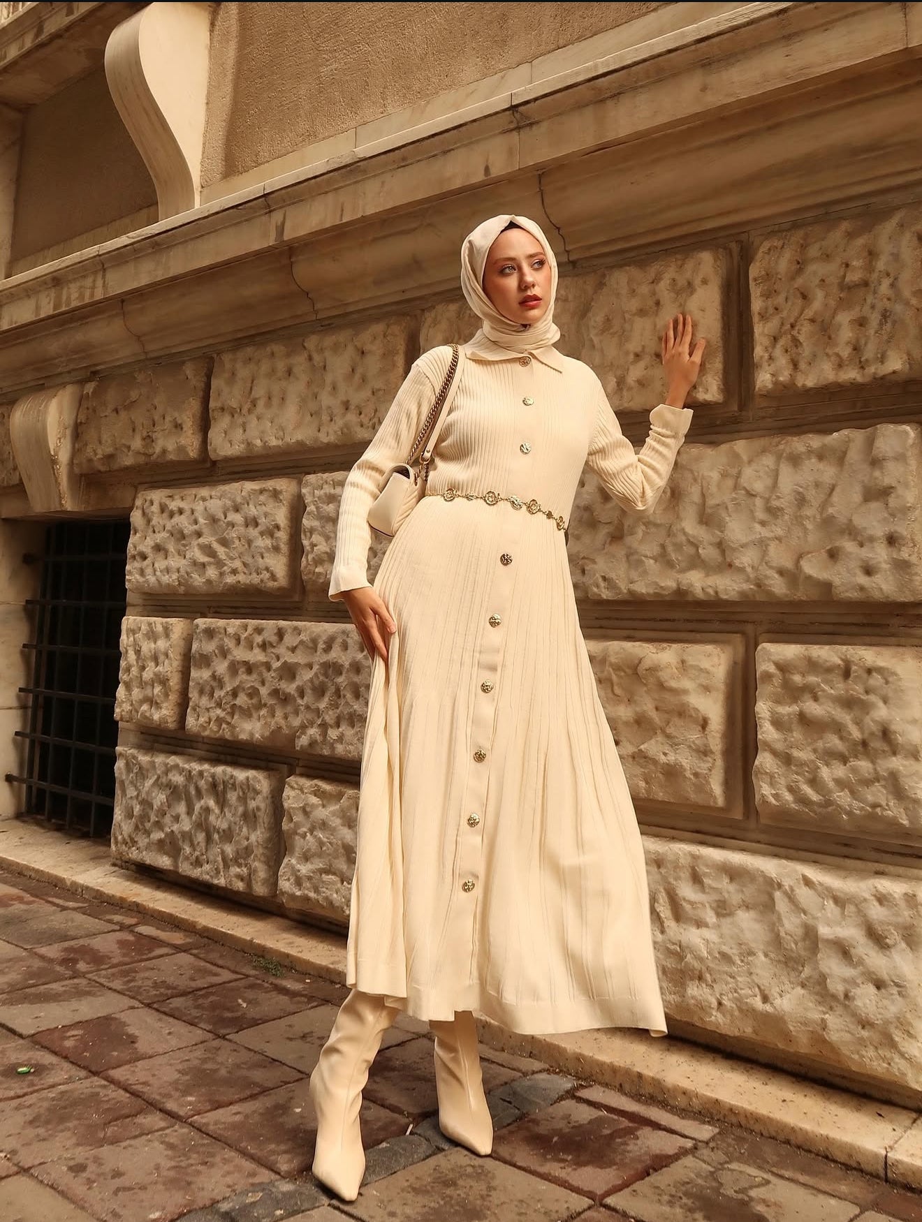 Knitted Button-Down Dress with Elegant Belt