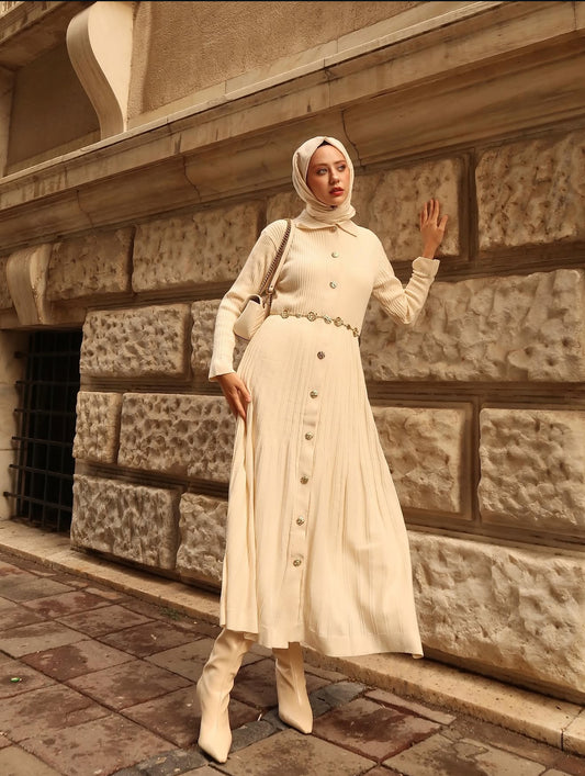 Knitted Button-Down Dress with Elegant Belt