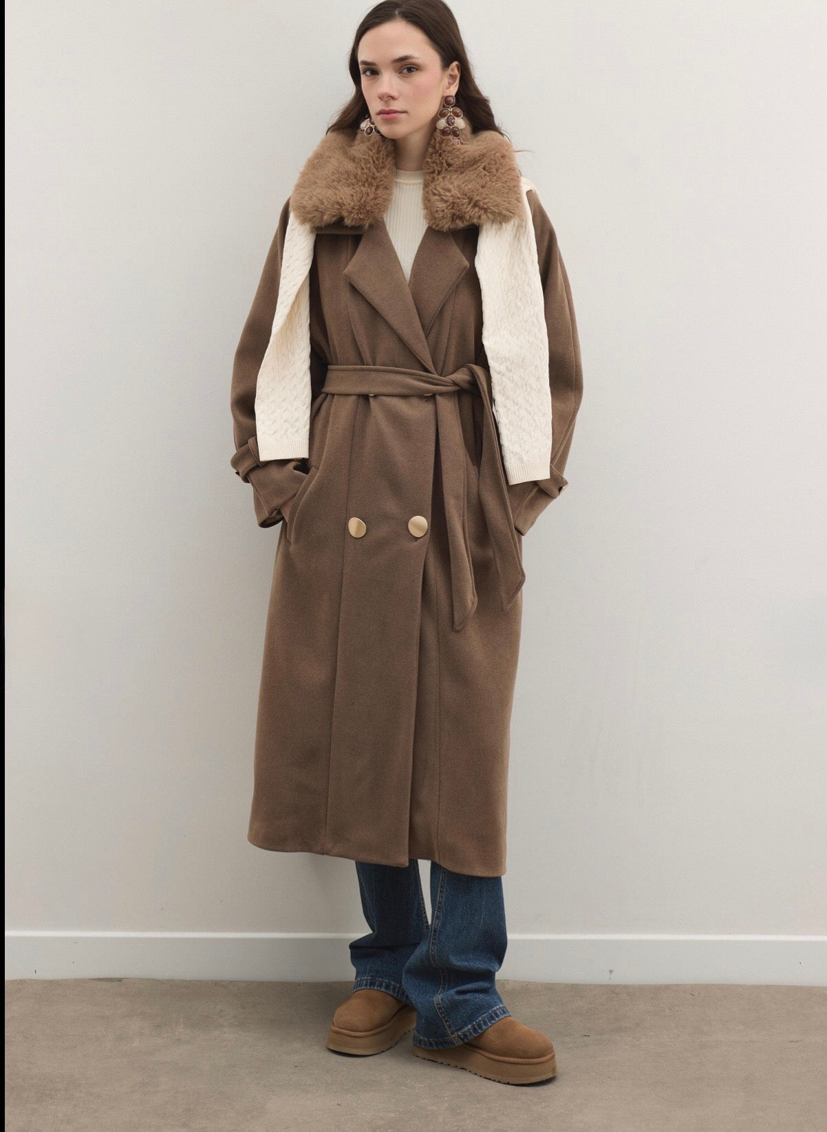 Long Double-Breasted Coat with Fur