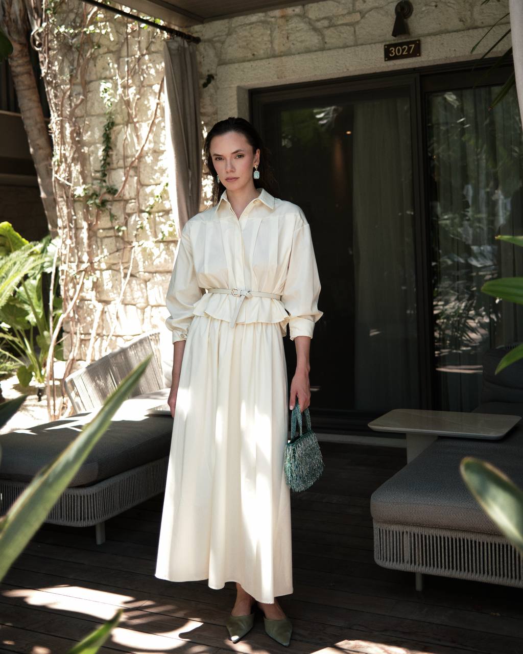 Midi Skirt & Classic Collar Shirt Set + Belt