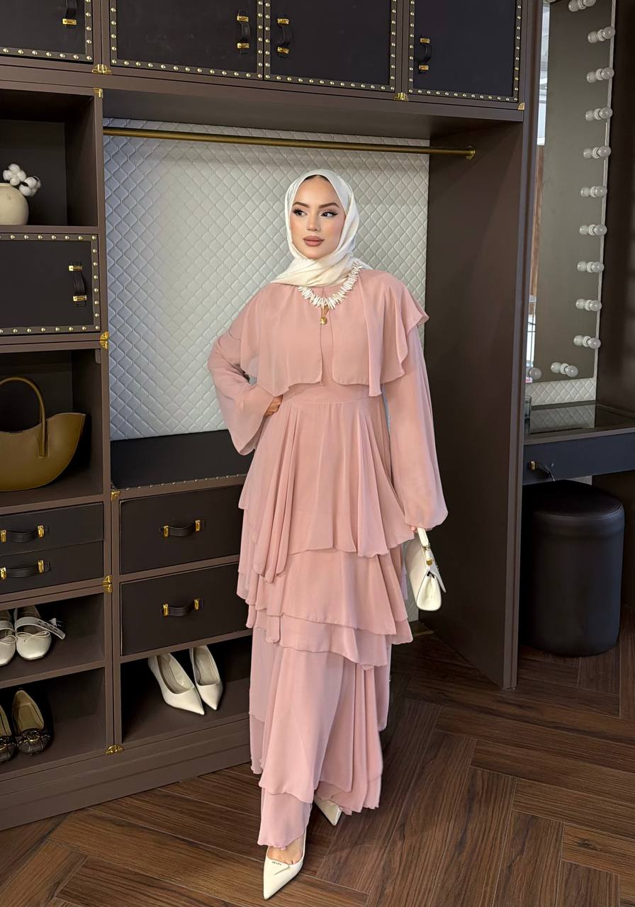 Layered Chiffon Dress with Floral Belt