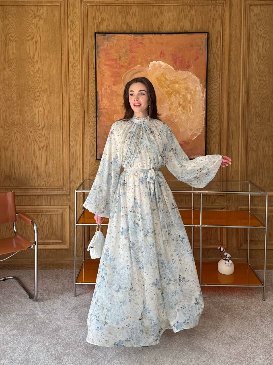 Floral Printed Dress with Wide Sleeves & Gathered Neckline (padded)