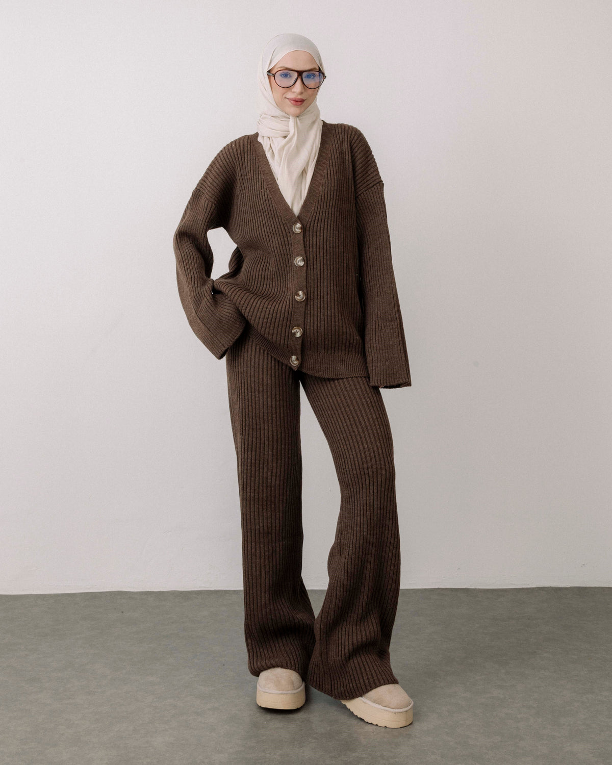 Ribbed Knit Cardigan & Wide-Leg Pants Set