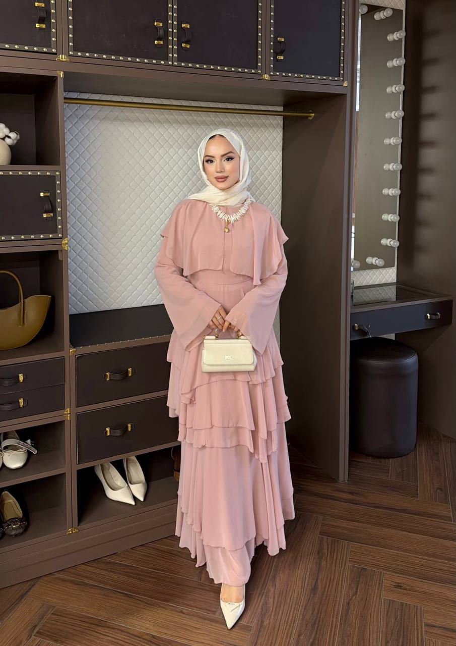Layered Chiffon Dress with Floral Belt