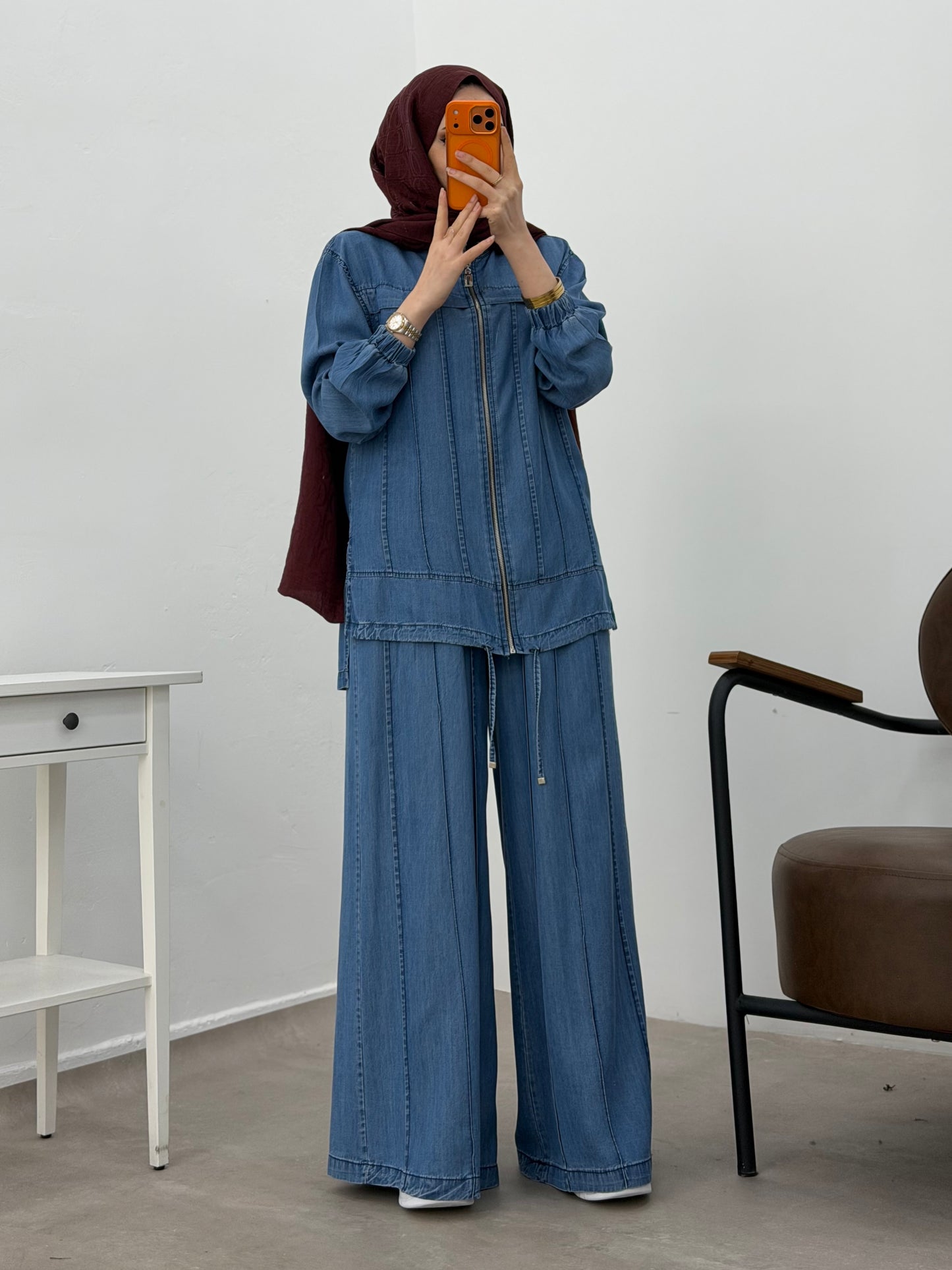Light Denim Zip-Up Luxe Set