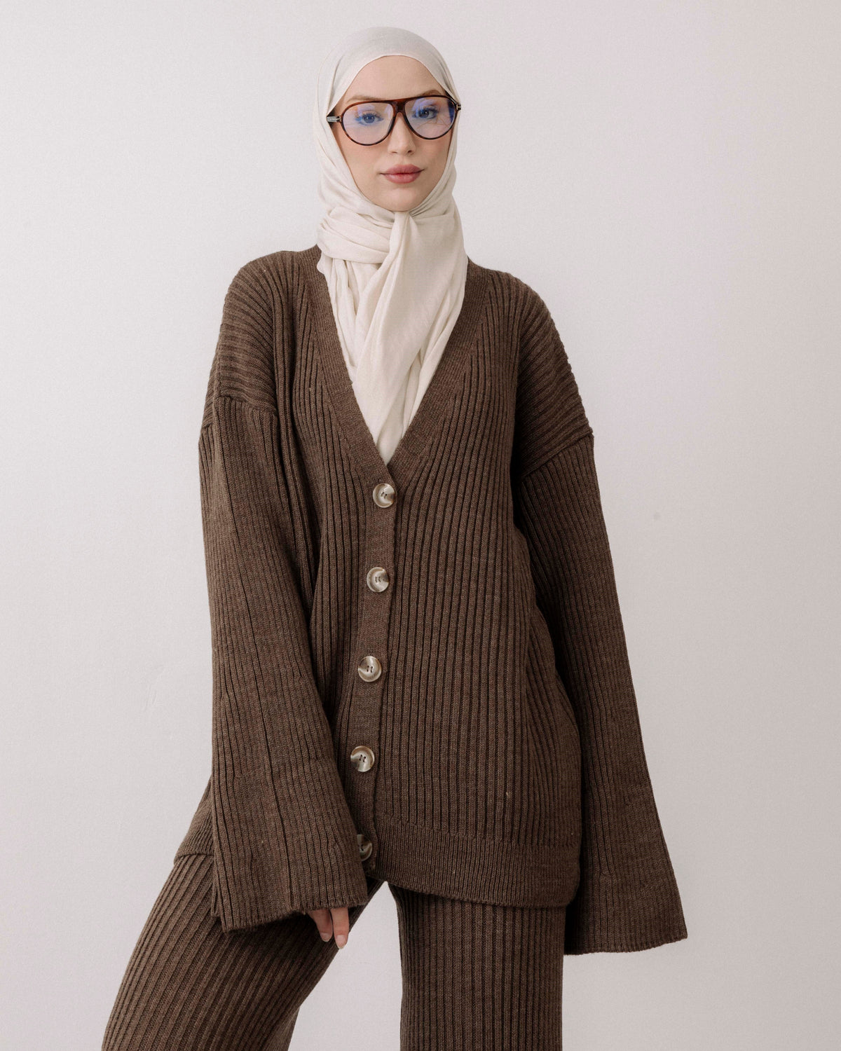 Ribbed Knit Cardigan & Wide-Leg Pants Set