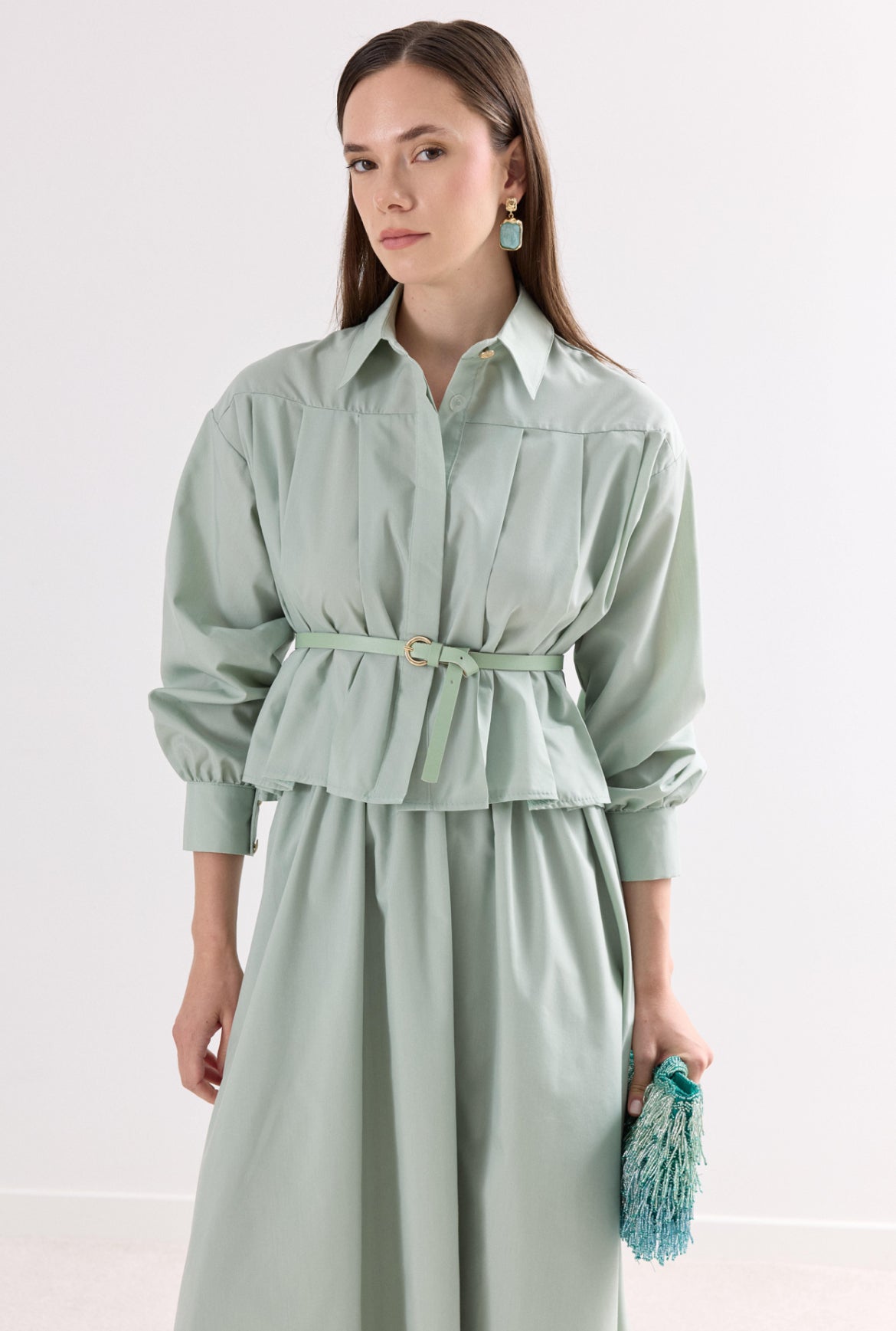 Midi Skirt & Classic Collar Shirt Set + Belt