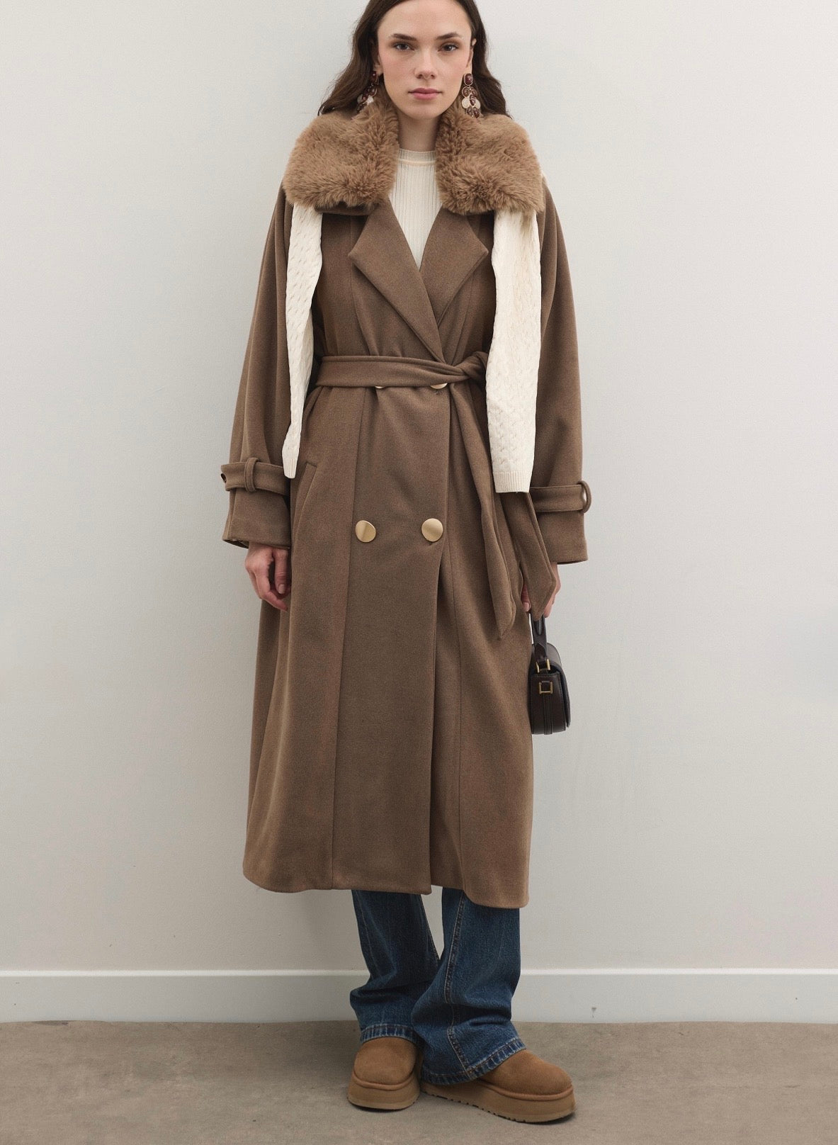 Long Double-Breasted Coat with Fur