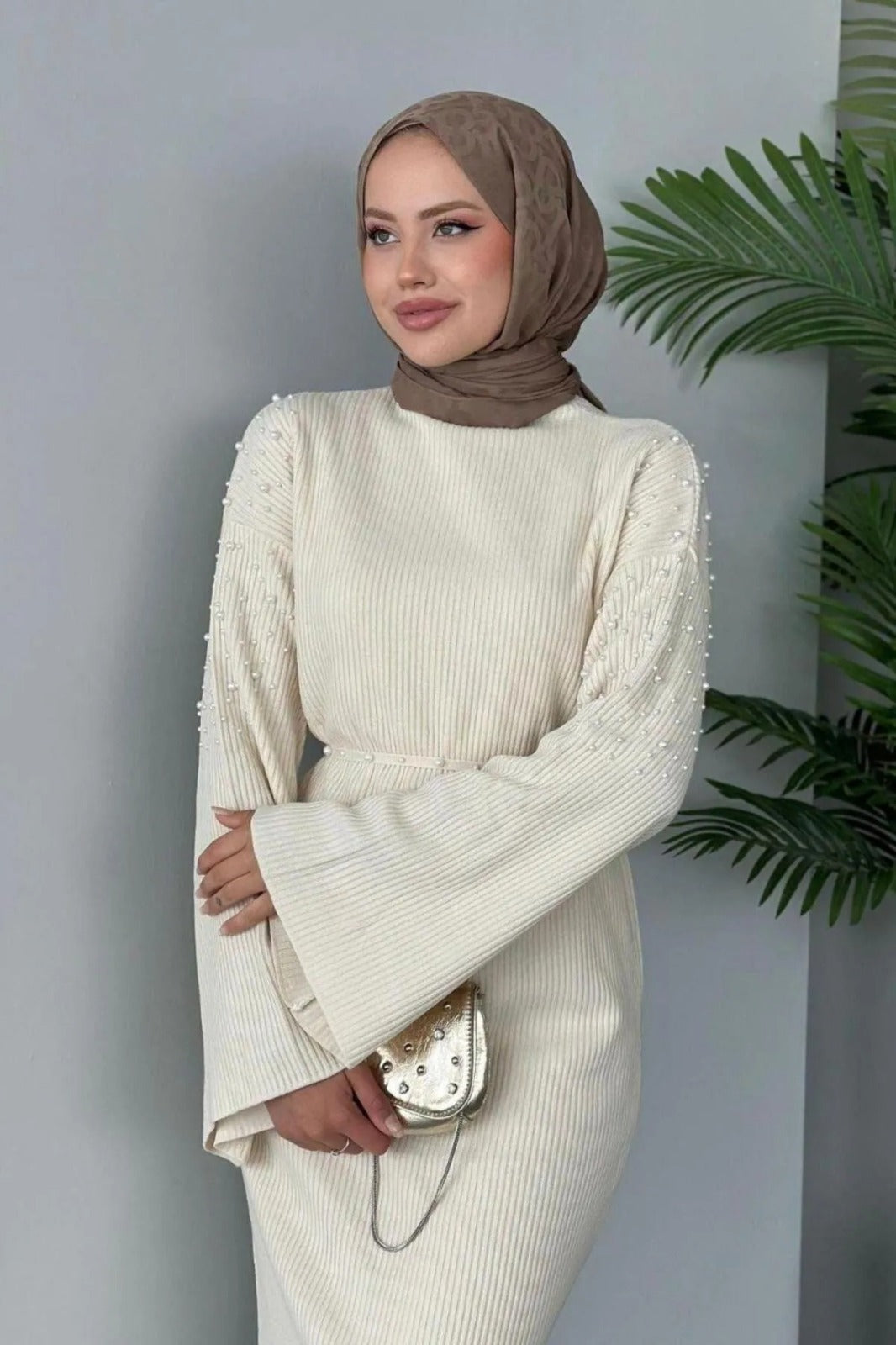 Pearl-embellished Knit Dress