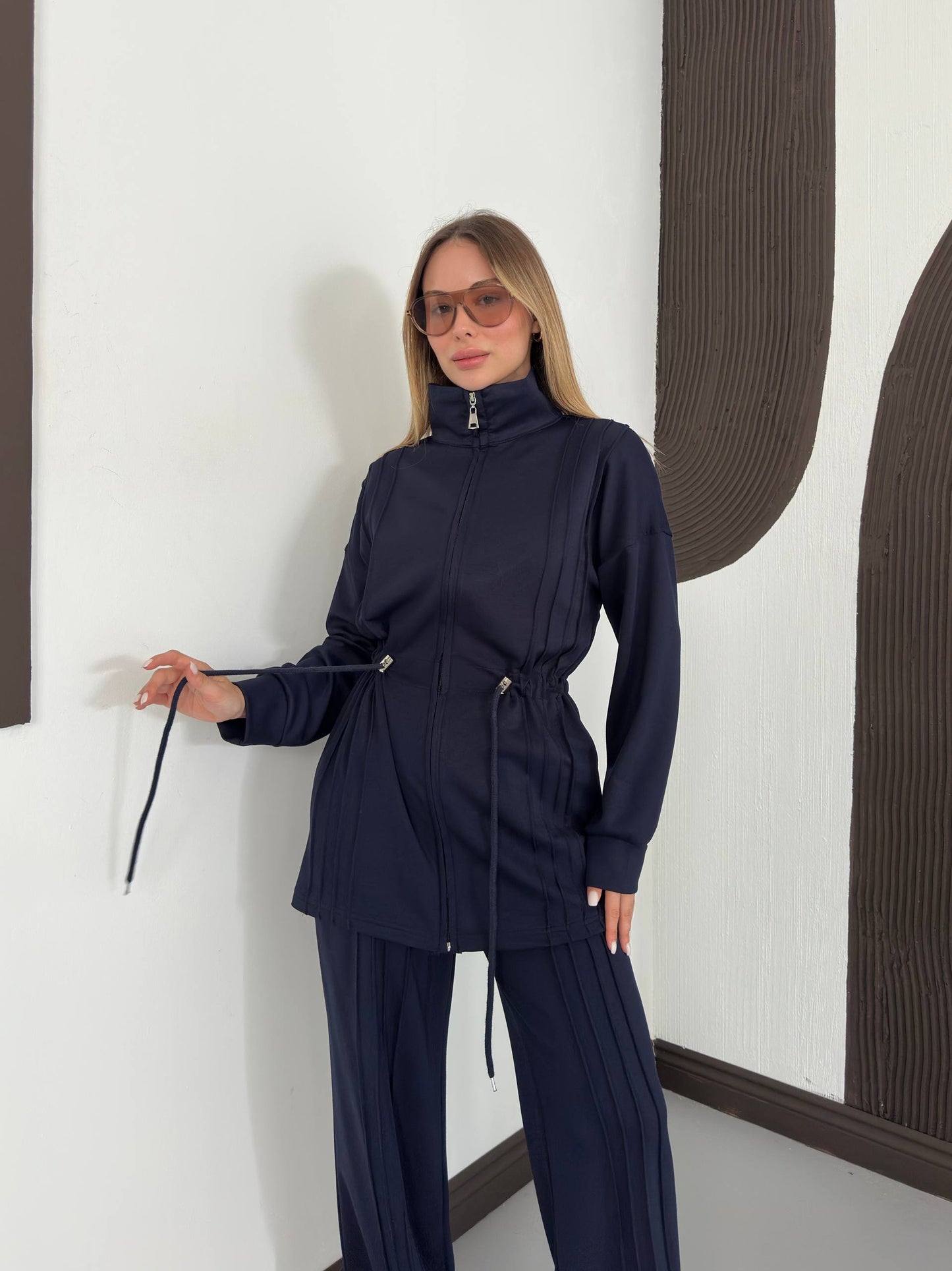 Drawstring Pinstripe Lounge Set