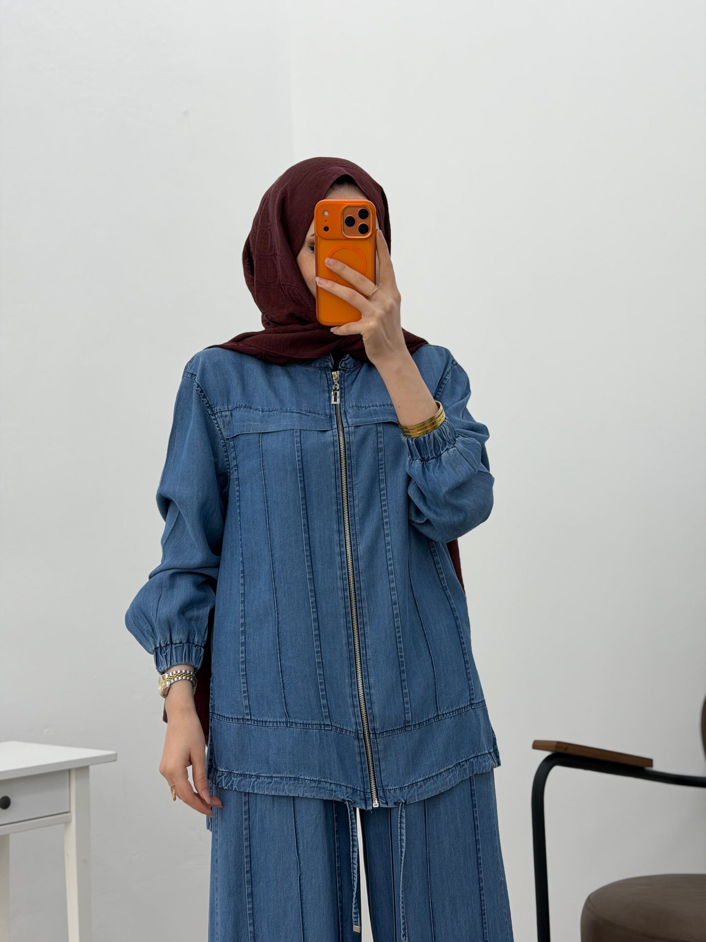 Light Denim Zip-Up Luxe Set