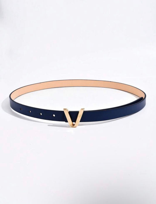 Sleek Navy Leather Belt with Gold ‘V’ Shaped Buckle