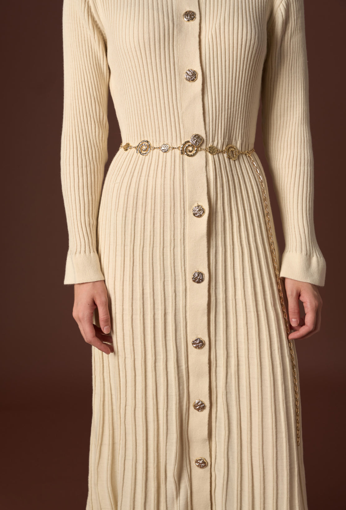 Knitted Button-Down Dress with Elegant Belt