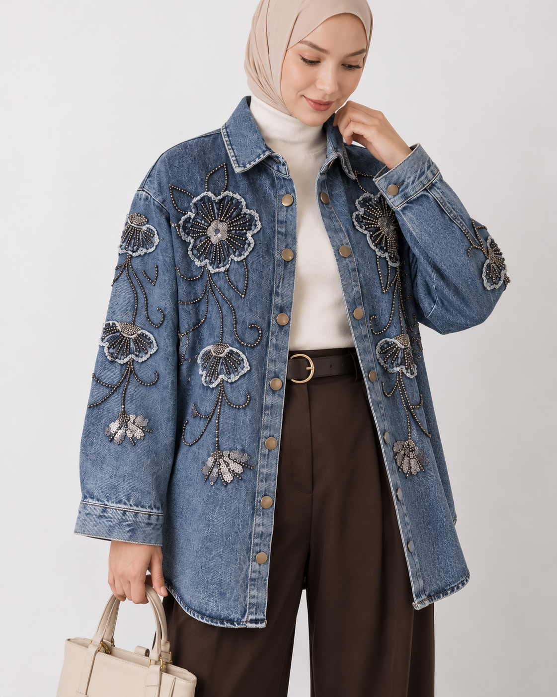 Floral Strass Embellished Heavy Duty Denim Shirt