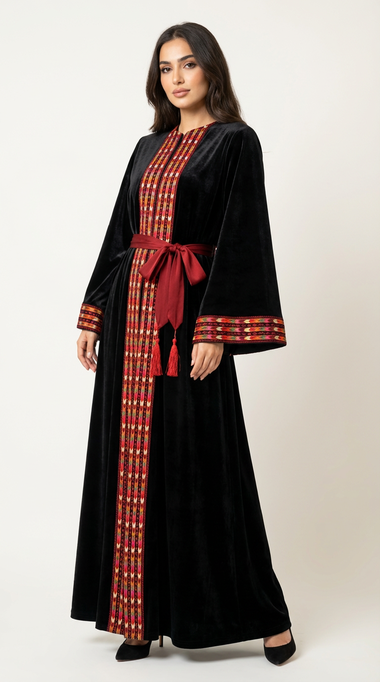 Luxury Velvet Open Bisht with Heritage Embroidery & Red Sash