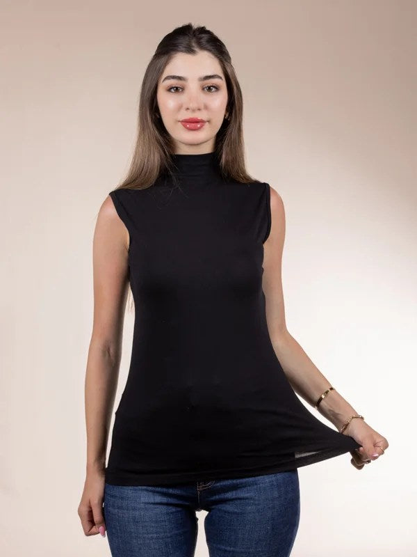 A sleeveless cotton bodysuit with a half-neck.
