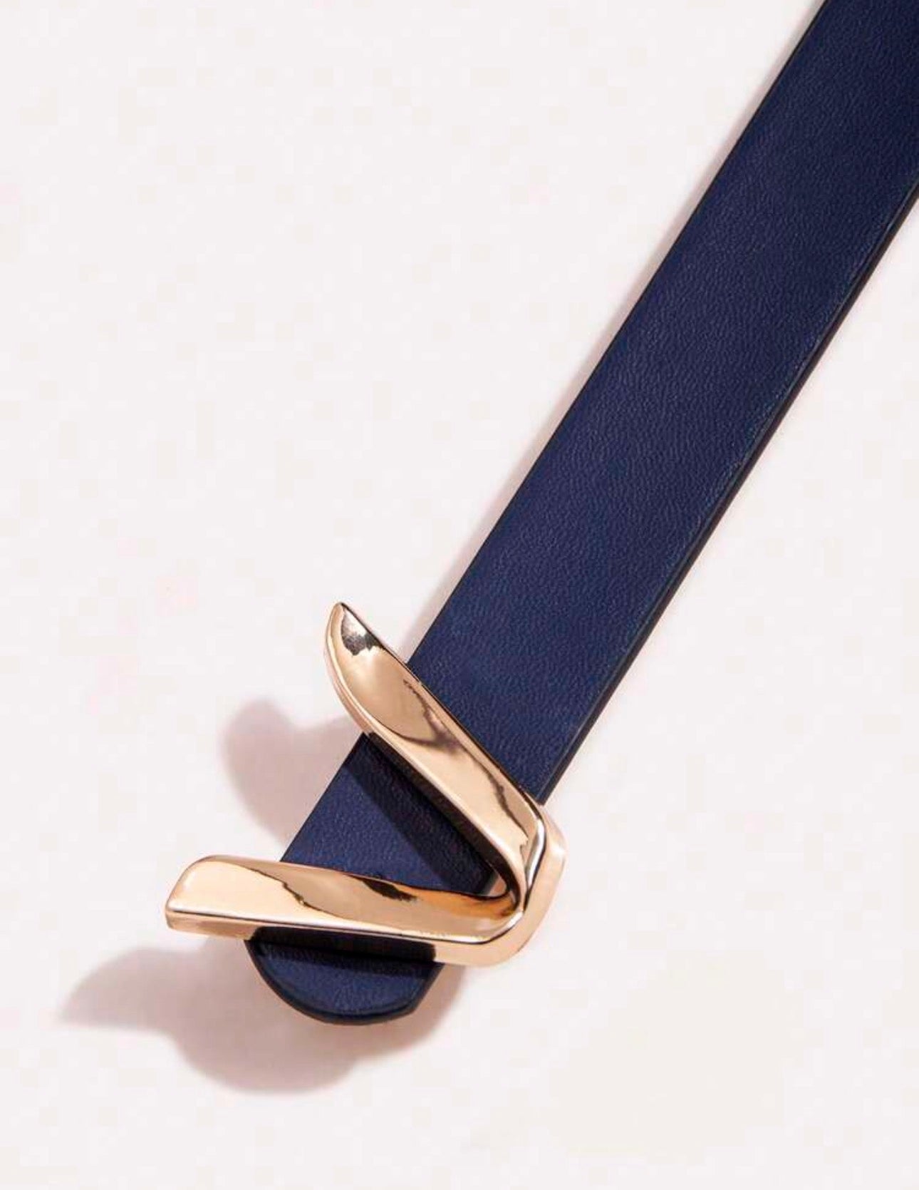 Sleek Navy Leather Belt with Gold ‘V’ Shaped Buckle