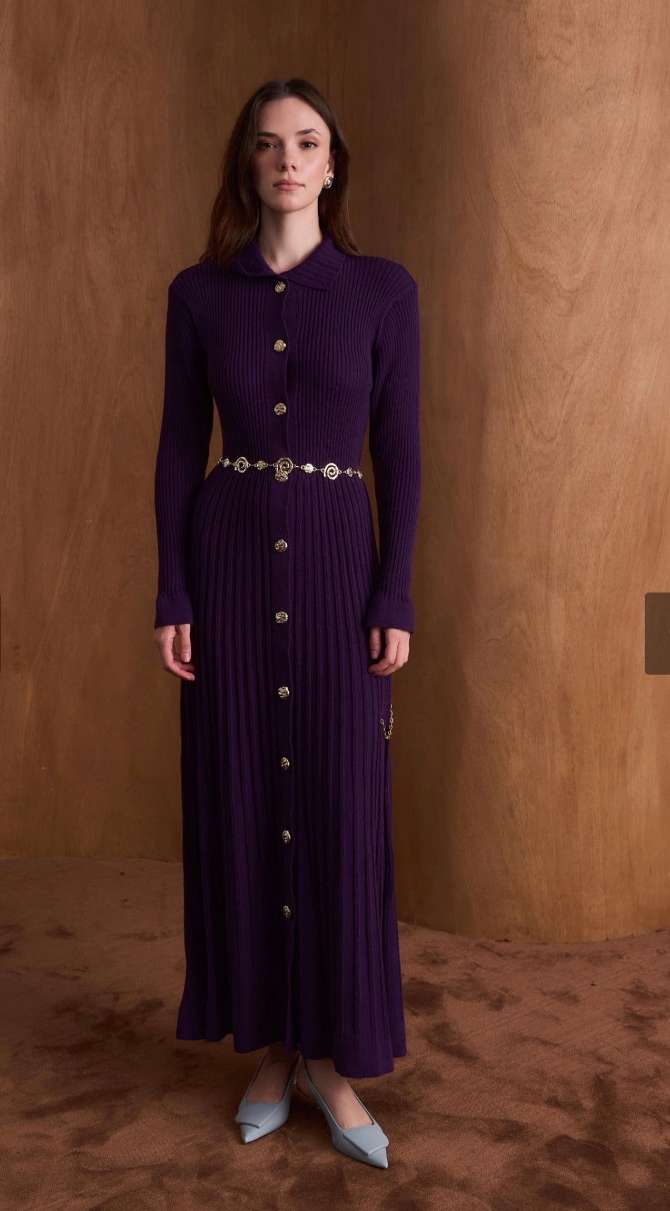 Knitted Button-Down Dress with Elegant Belt