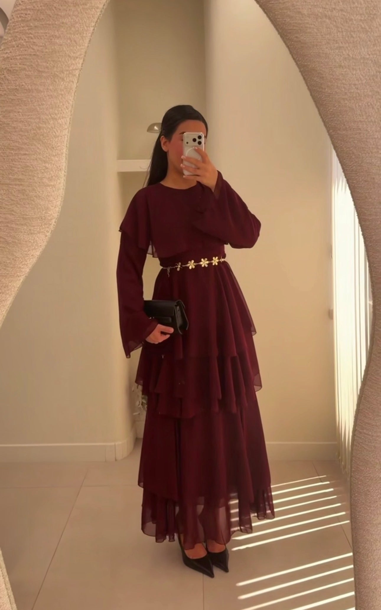 Layered Chiffon Dress with Floral Belt