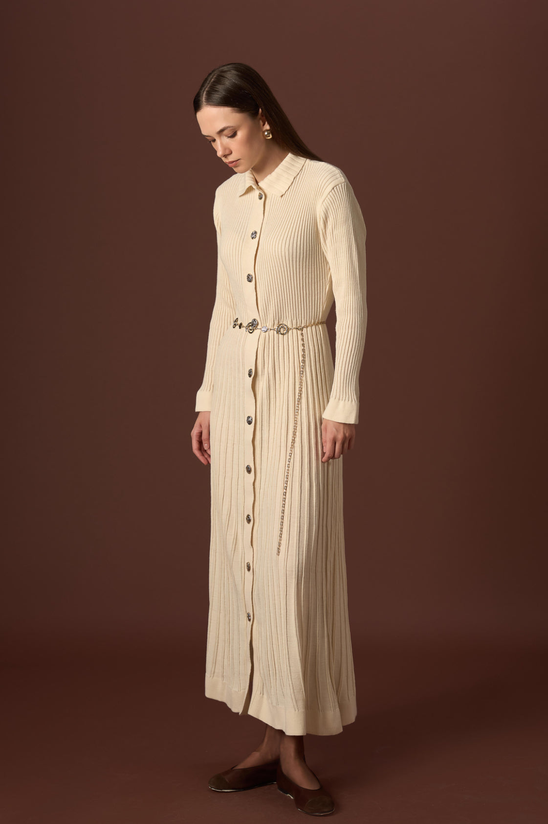 Knitted Button-Down Dress with Elegant Belt