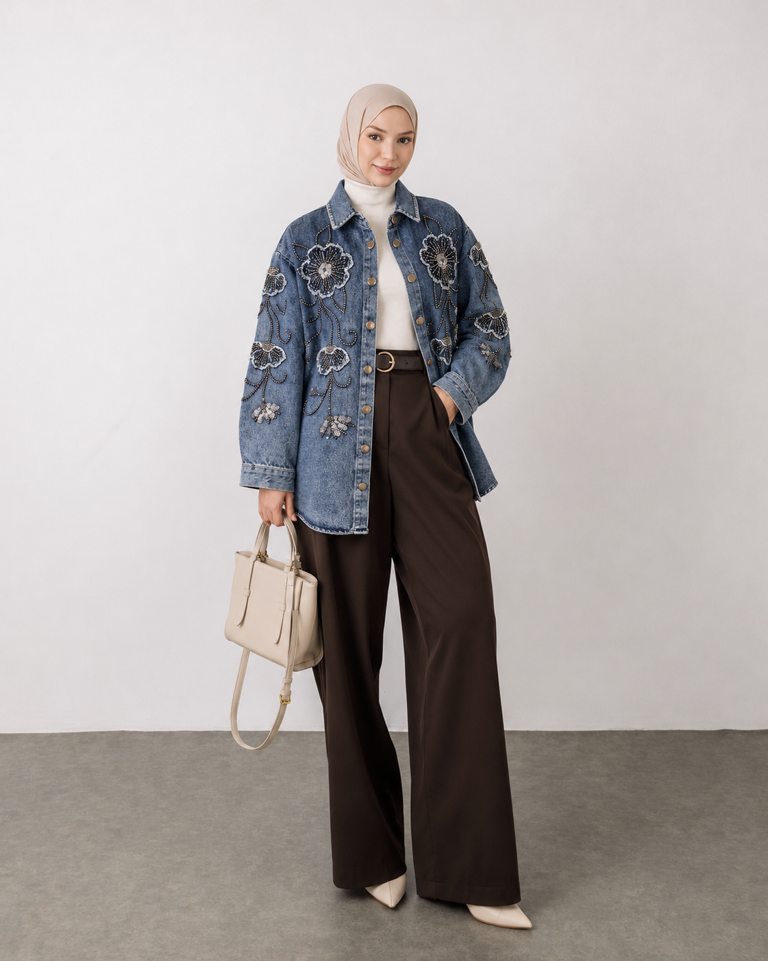Floral Strass Embellished Heavy Duty Denim Shirt
