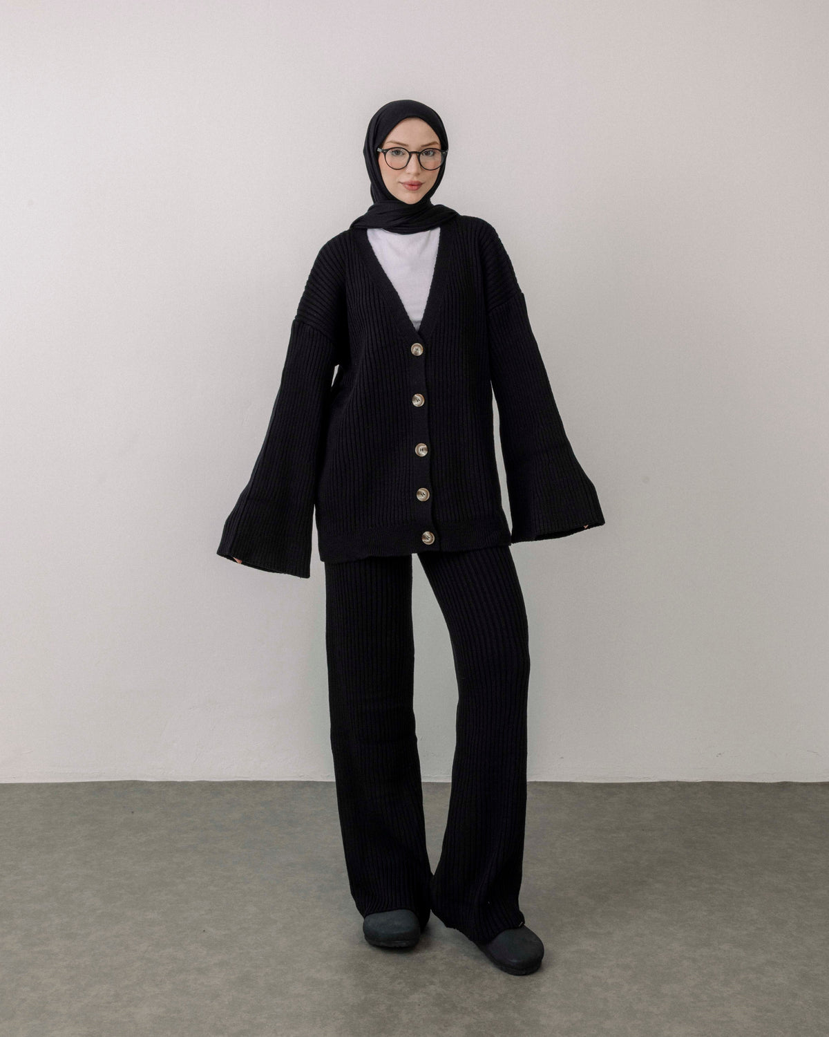 Ribbed Knit Cardigan & Wide-Leg Pants Set