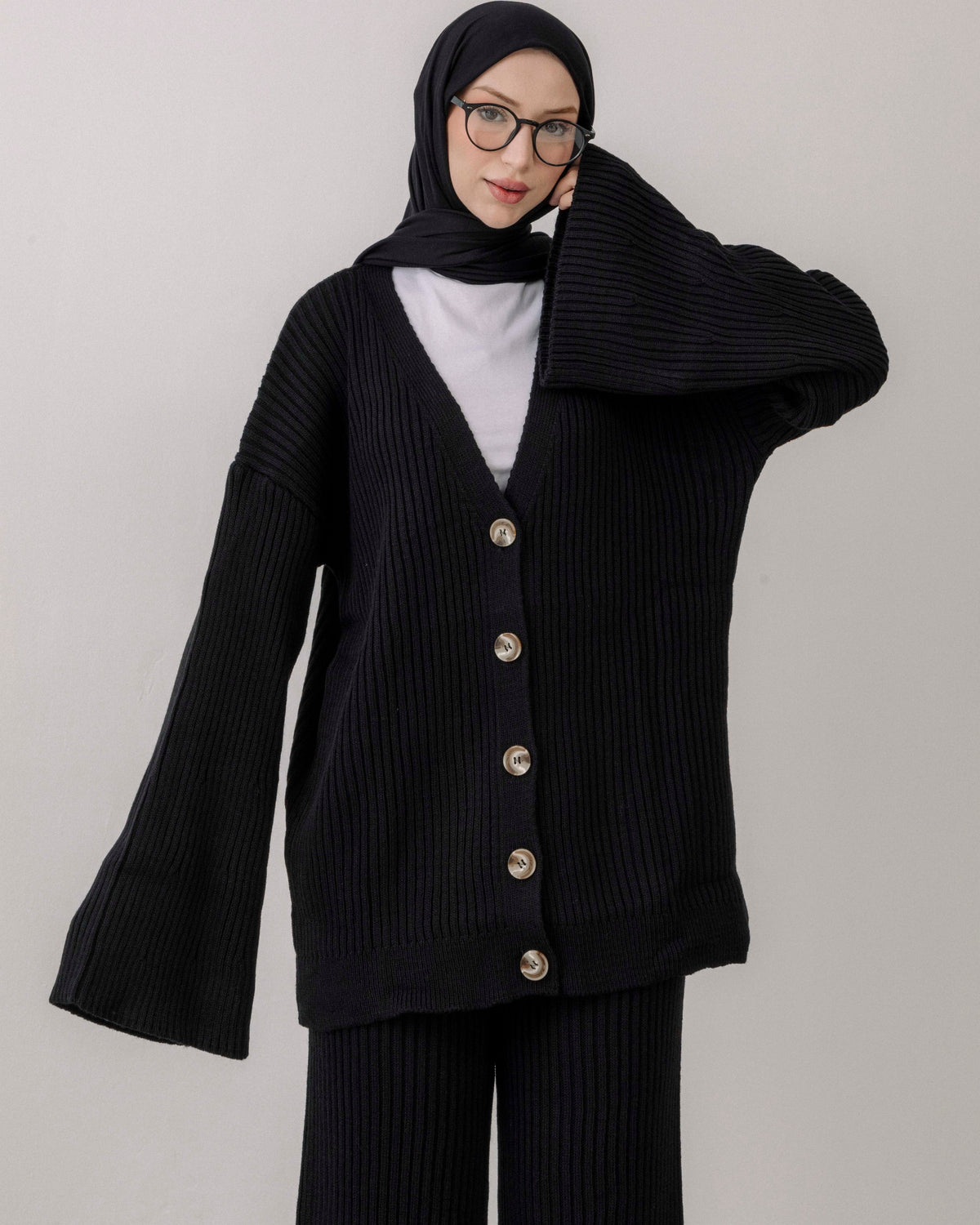 Ribbed Knit Cardigan & Wide-Leg Pants Set
