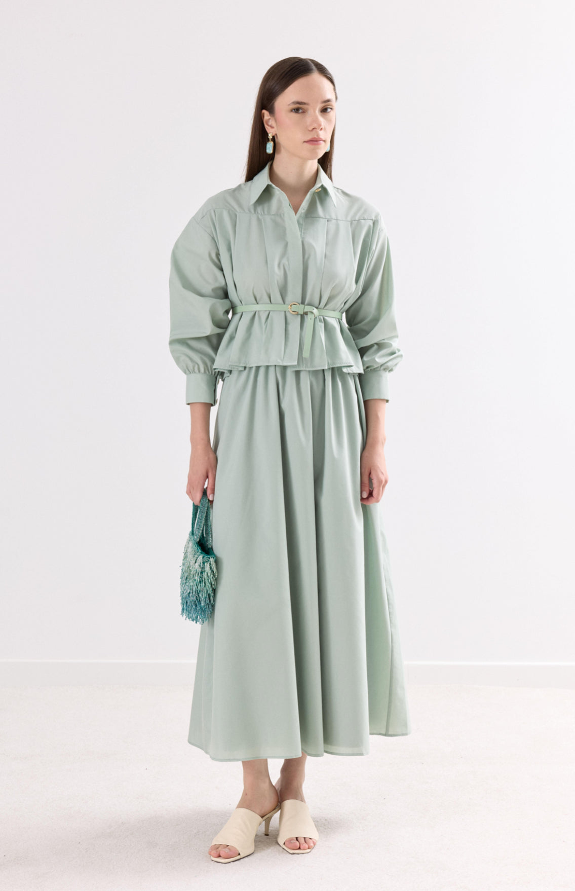 Midi Skirt & Classic Collar Shirt Set + Belt