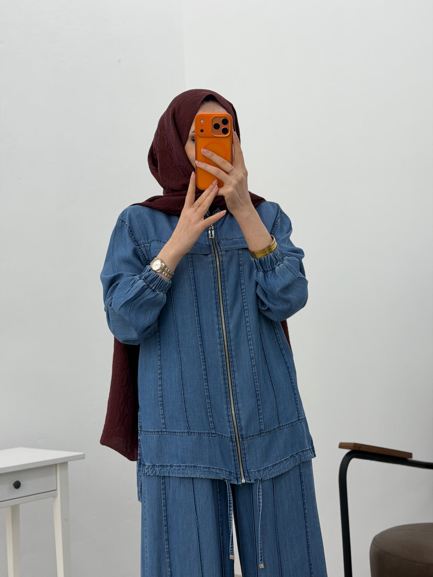 Light Denim Zip-Up Luxe Set