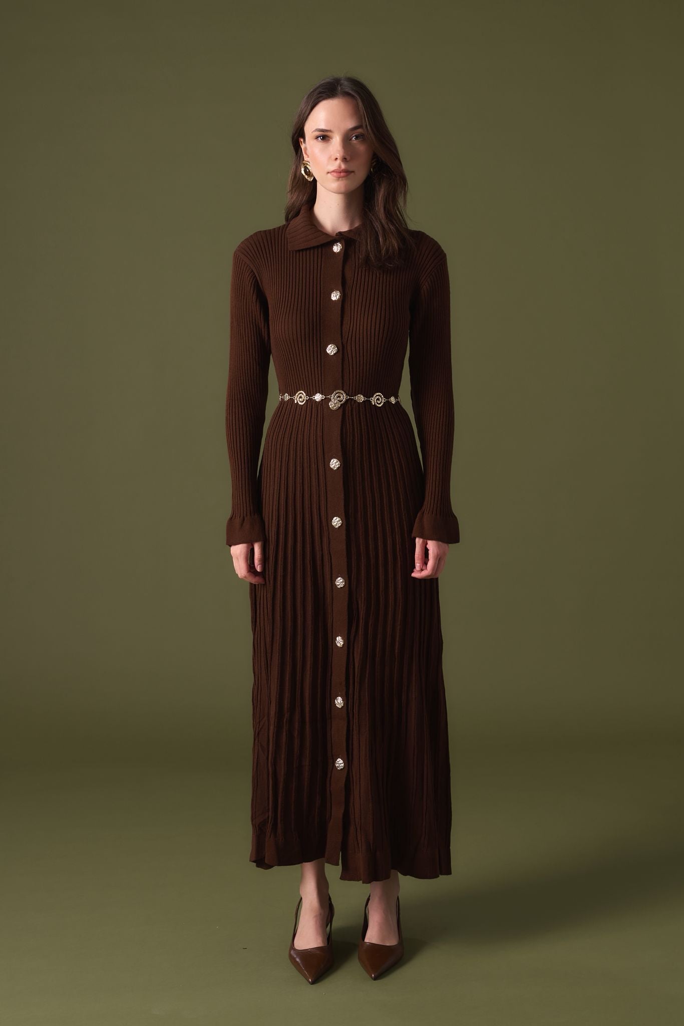 Knitted Button-Down Dress with Elegant Belt