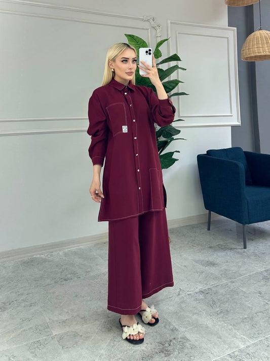 Casual Set with Button-Down Shirt & Wide-Leg Pants (4 Colours)