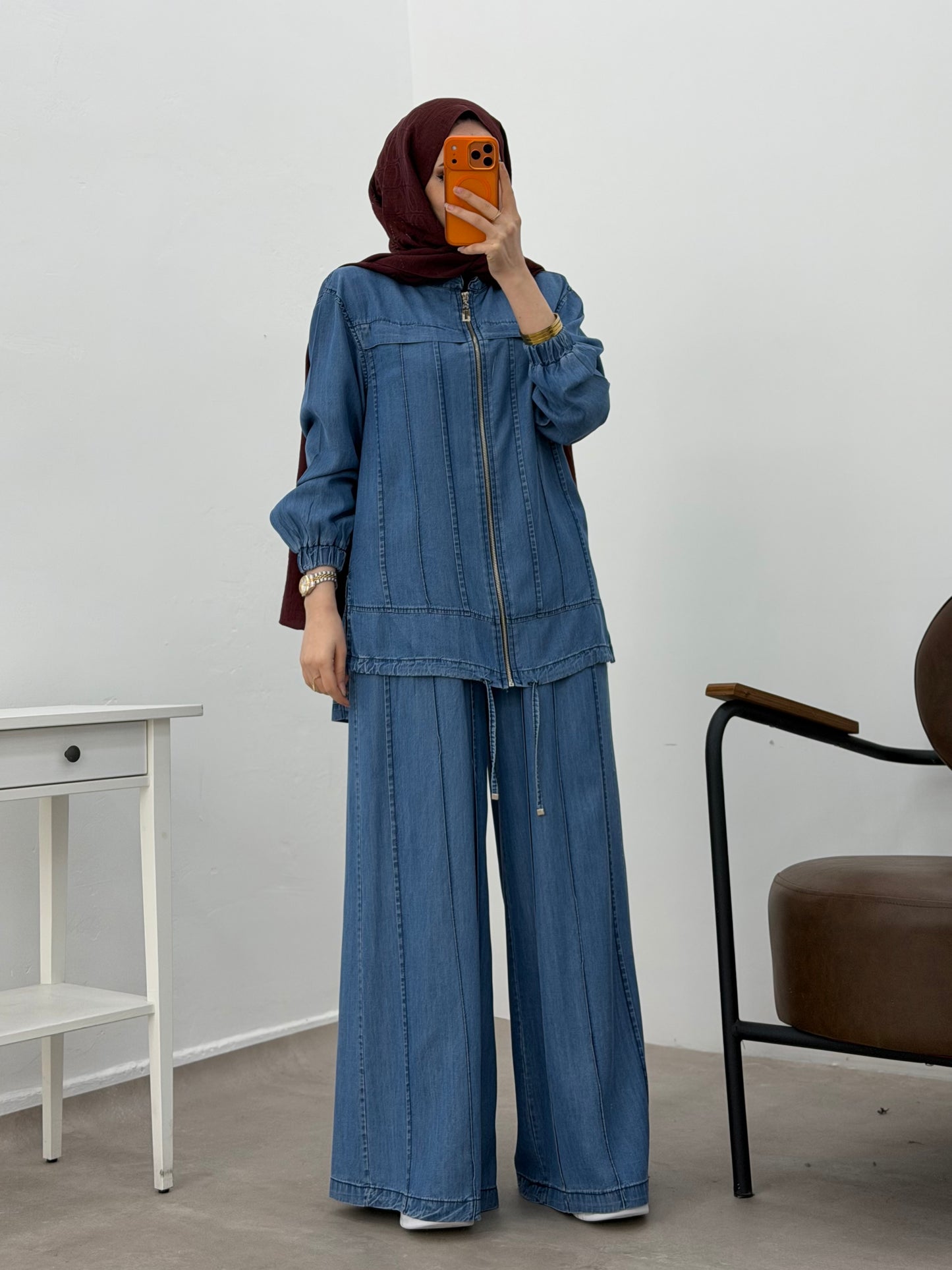 Light Denim Zip-Up Luxe Set