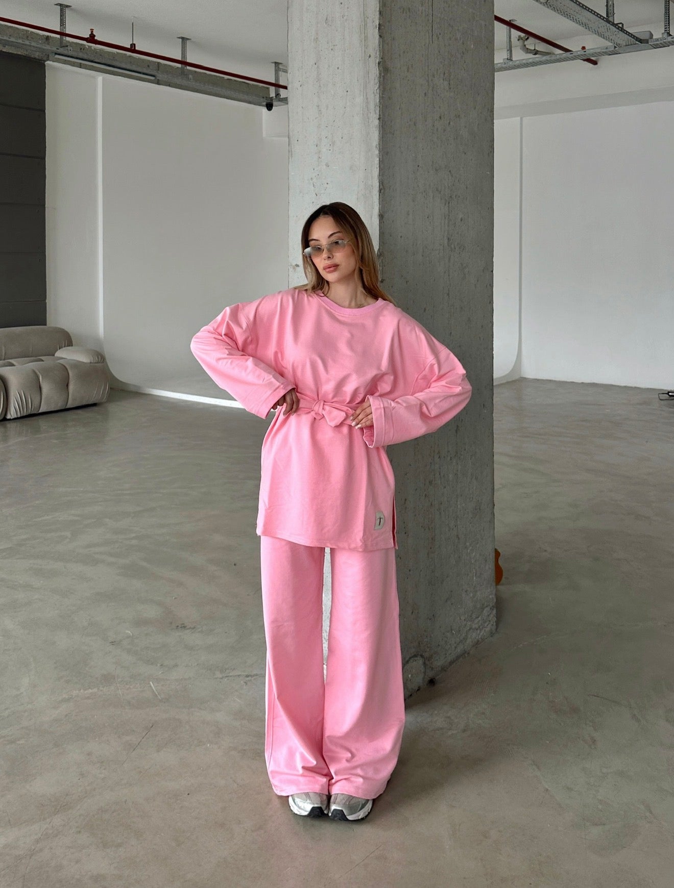 Oversized Belted Sweatshirt and Wide-Leg Pants Set