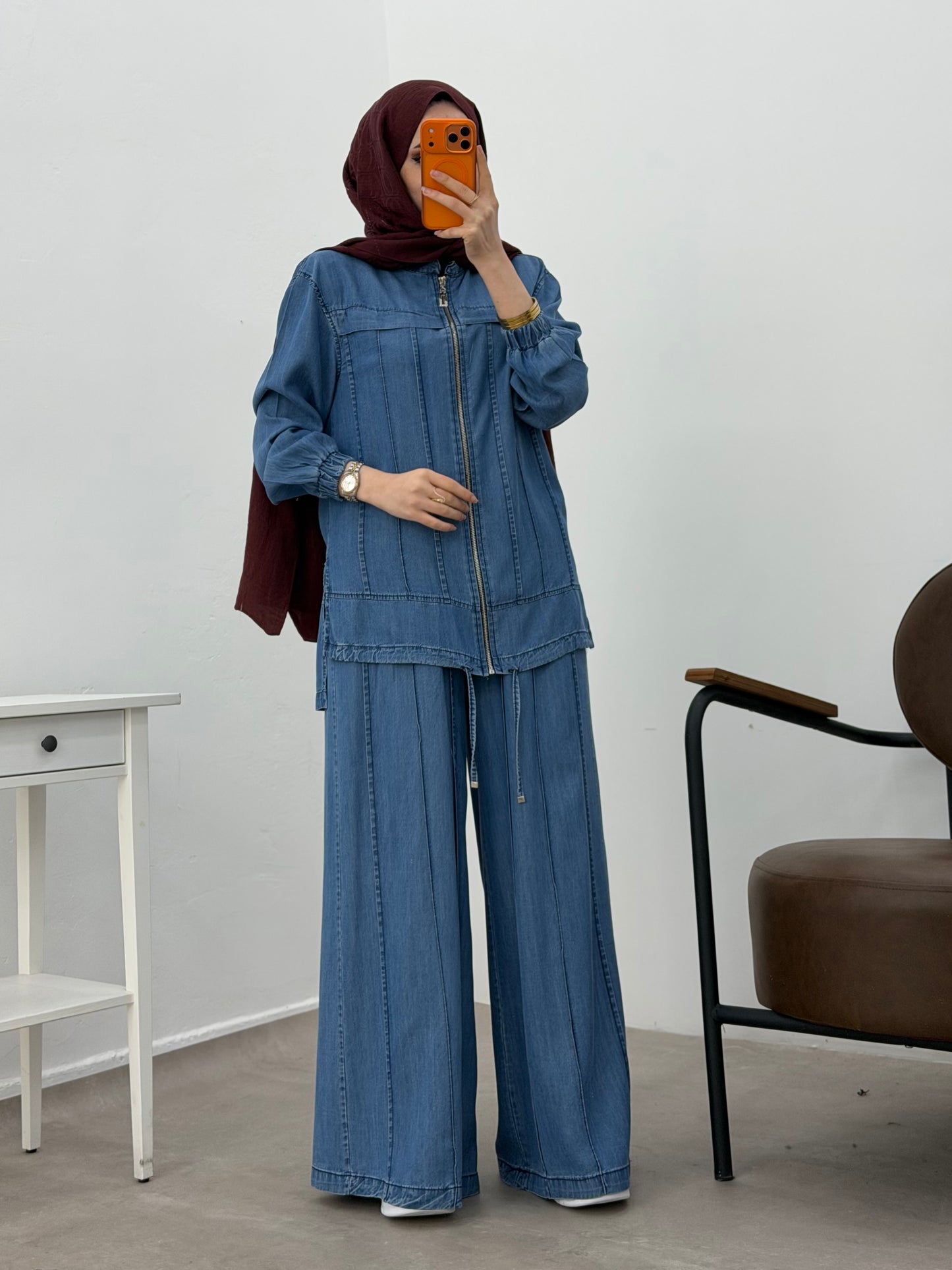 Light Denim Zip-Up Luxe Set