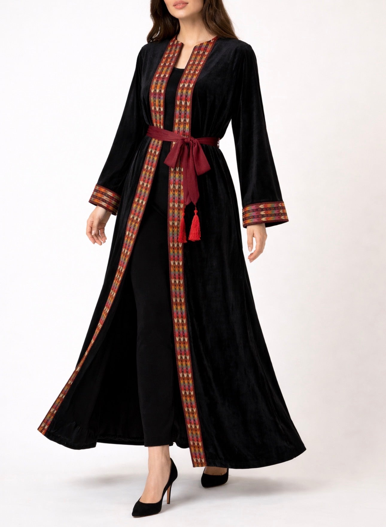 Luxury Velvet Open Bisht with Heritage Embroidery & Red Sash