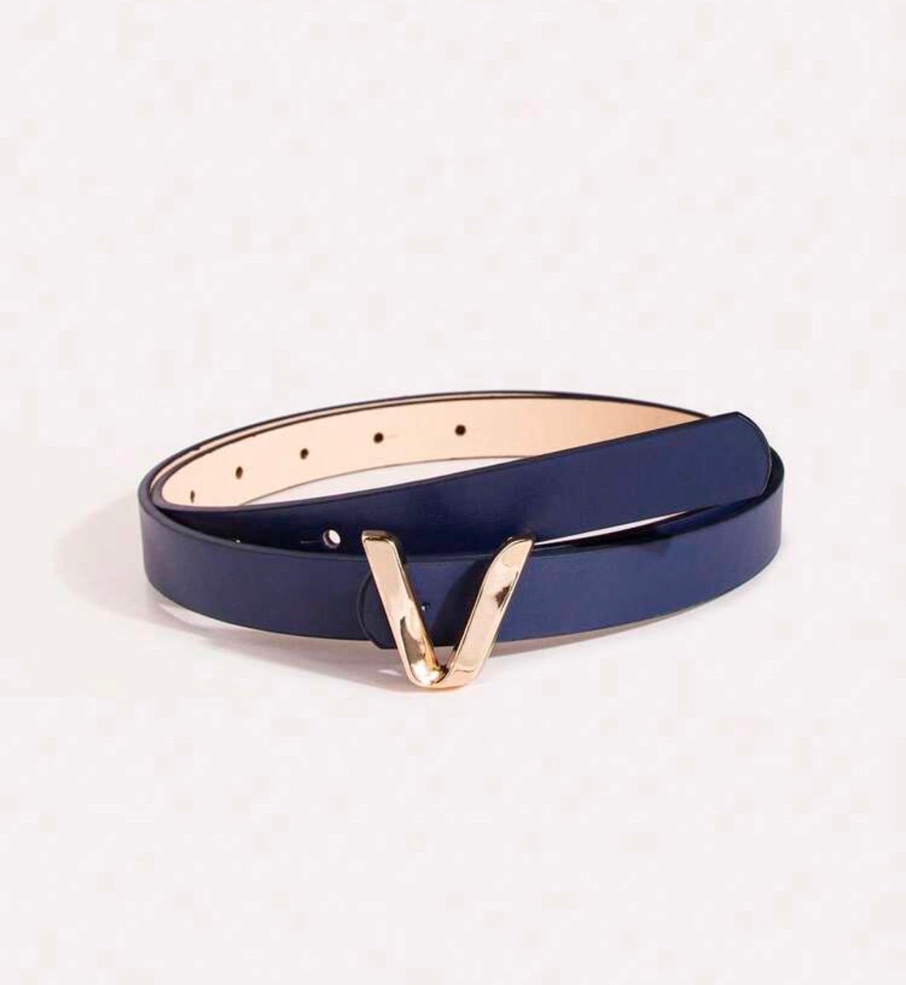 Sleek Navy Leather Belt with Gold ‘V’ Shaped Buckle