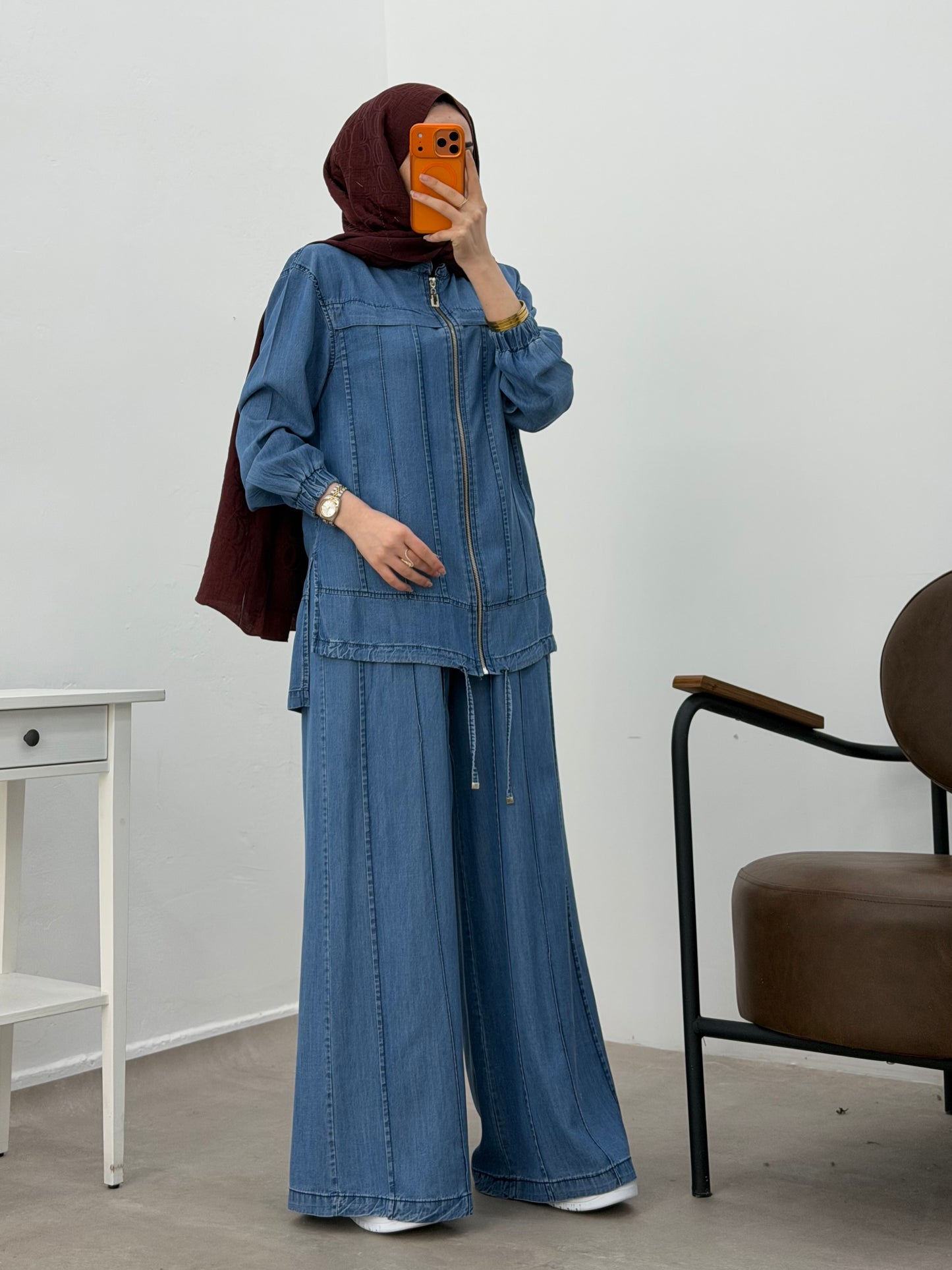 Light Denim Zip-Up Luxe Set