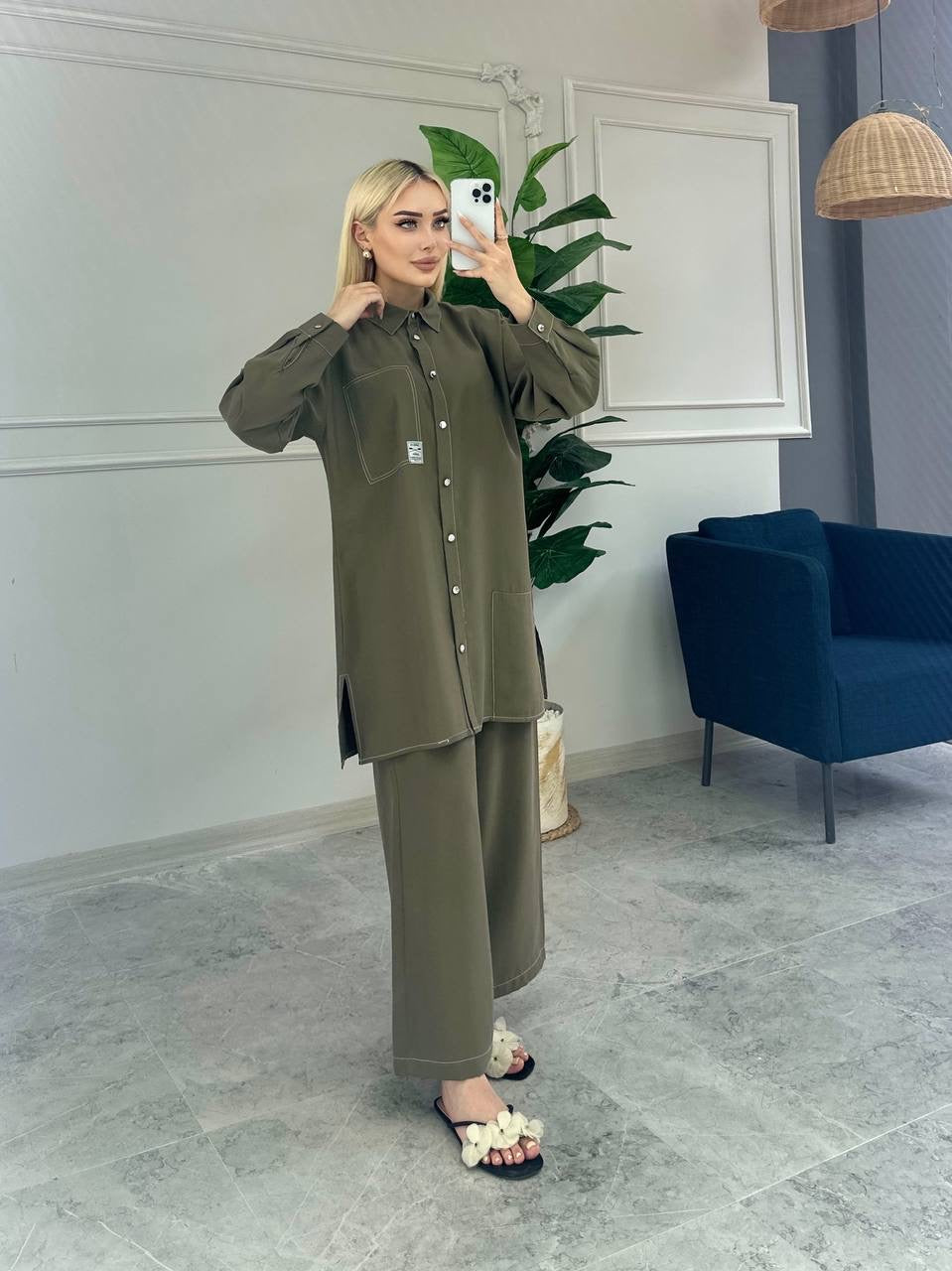 Casual Set with Button-Down Shirt & Wide-Leg Pants (4 Colours)