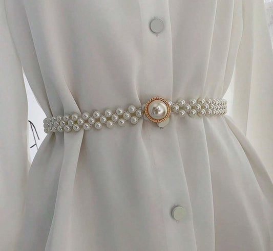 Elegant Pearl Belt with Gold Accented Centerpiece لتنسيقه مع الفستان الكروشيه