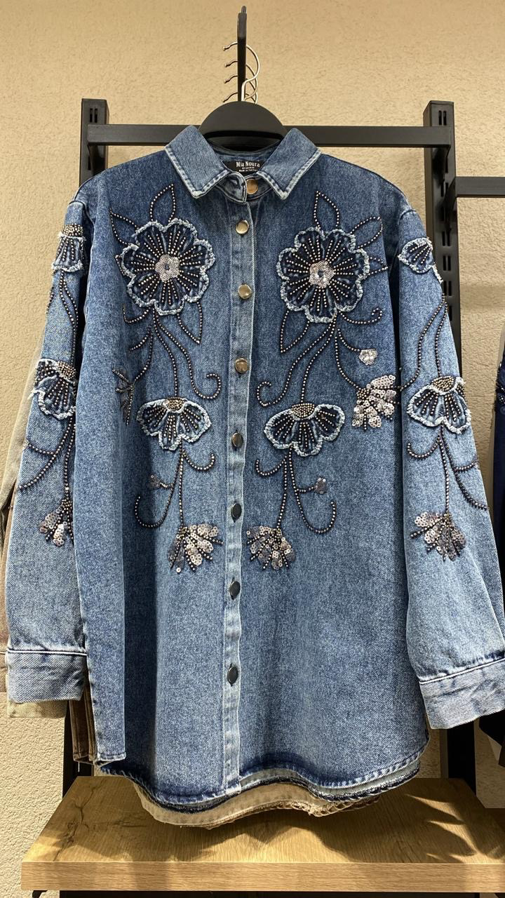 Floral Strass Embellished Heavy Duty Denim Shirt