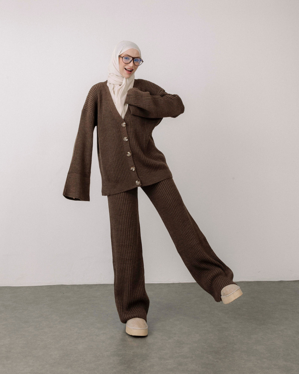 Ribbed Knit Cardigan & Wide-Leg Pants Set