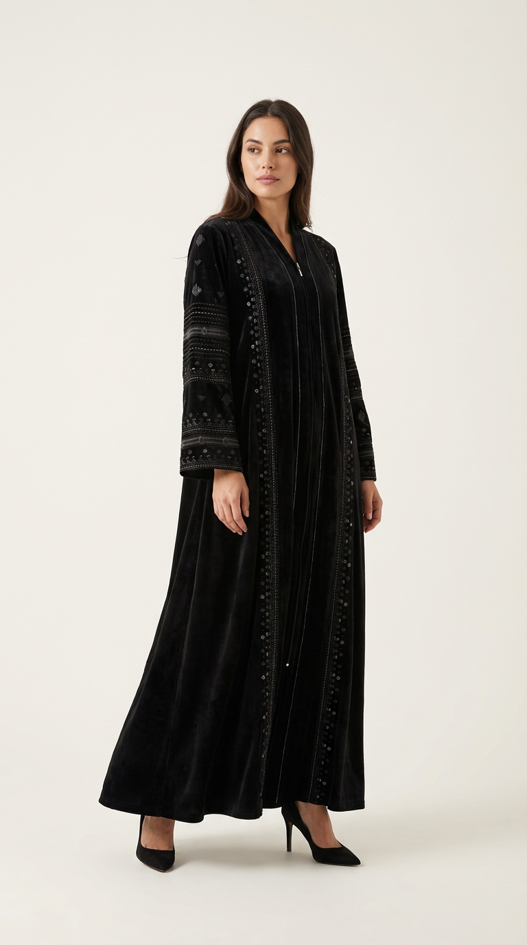 Luxury Zip-Up Velvet Abaya with Embroidery