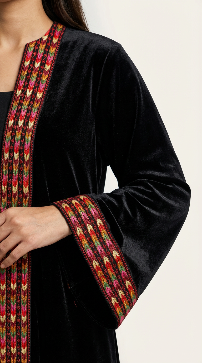 Luxury Velvet Open Bisht with Heritage Embroidery & Red Sash